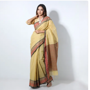 Khaki color Printed Cotton Saree